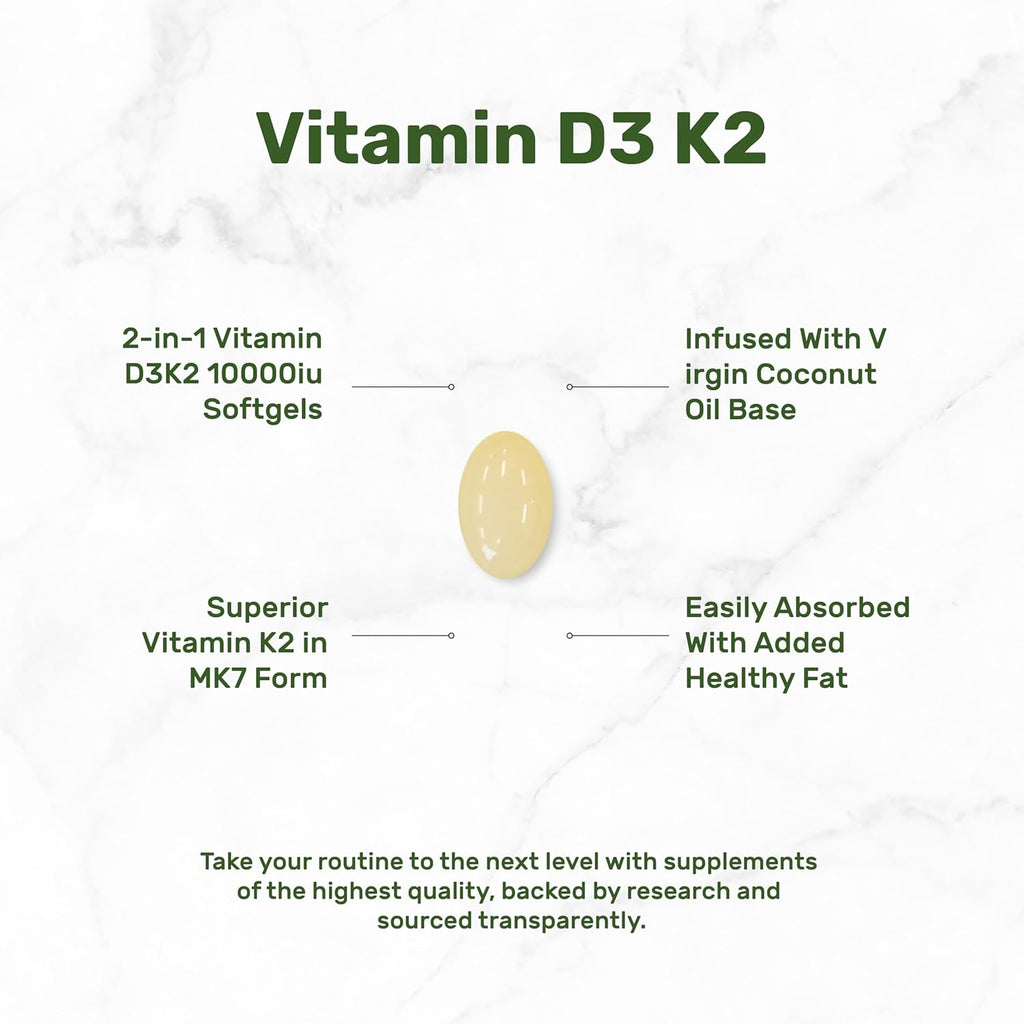 DEAL SUPPLEMENT Vitamin D3 10,000 IU + K2 MK7 200mcg Softgels, 250 Count | 2-in-1 Complex with Virgin Coconut Oil | Supports Heart, Bone, Teeth & Immune Health* | Easy to Swallow