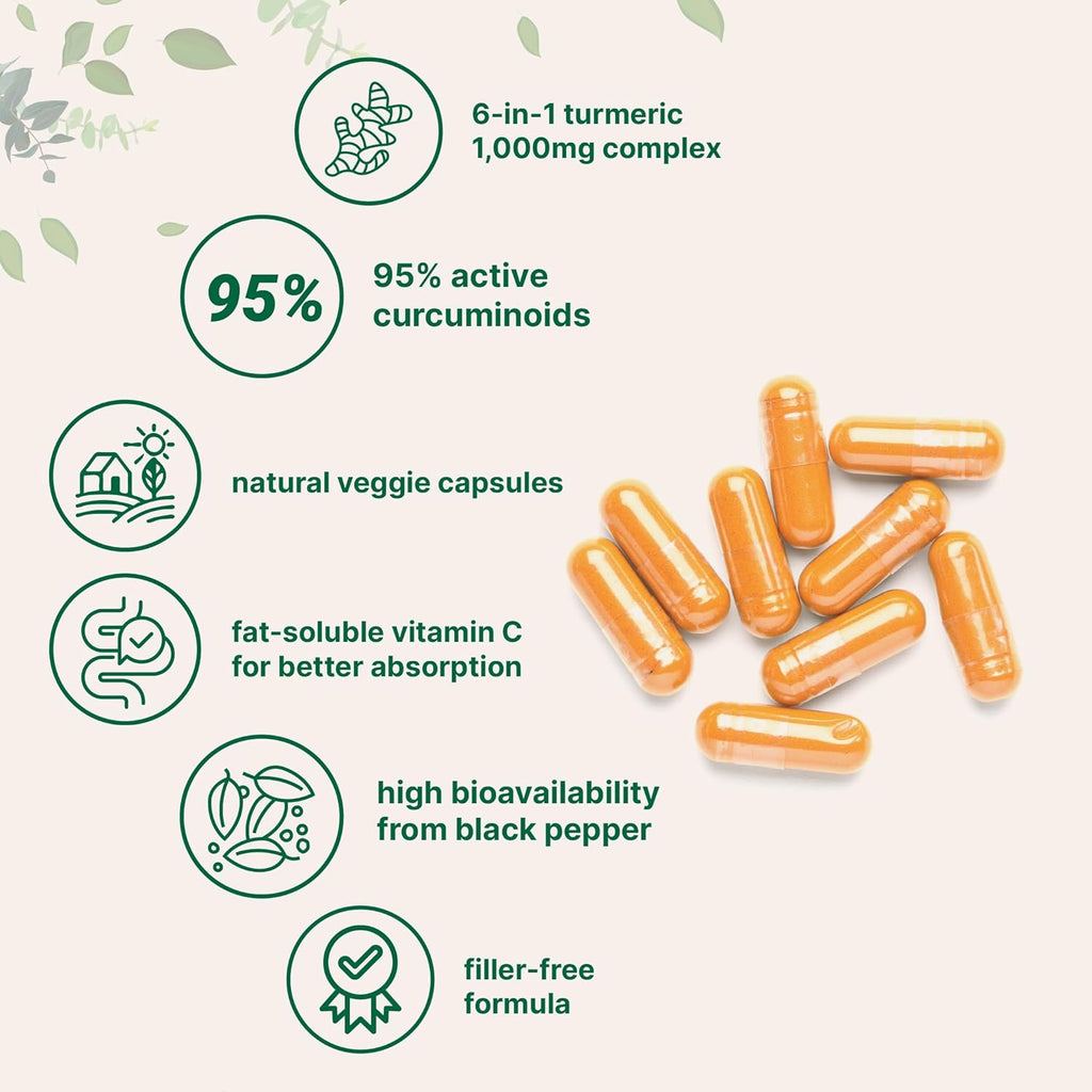 High-Absorption Turmeric Curcumin 1000mg | 95% Curcuminoids with BioPerine® Black Pepper | Absorption Boosting Blend with Propolis, Ginger, MCT & Vitamin C | 120 Plant-Based Capsules