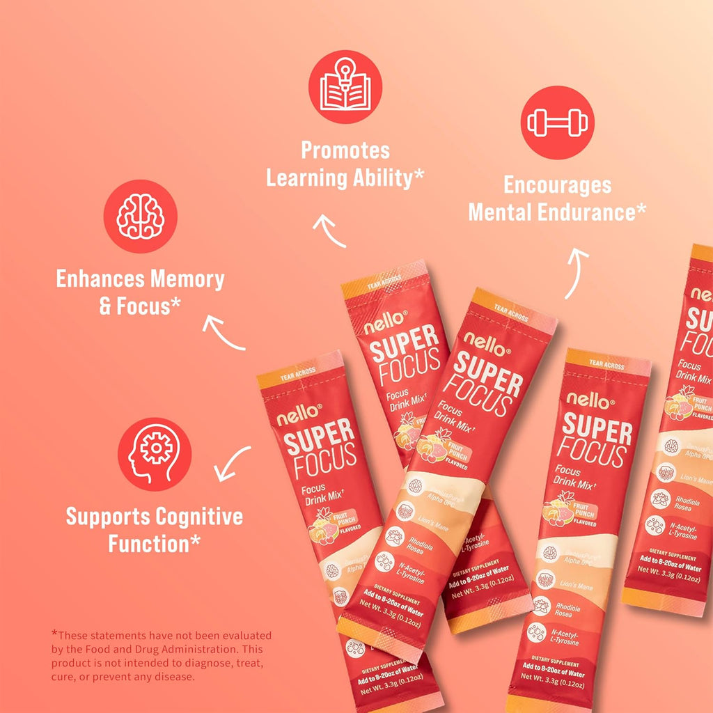 Drink Mix – Fruit Punch Flavor – Alpha GPC, Lion’s Mane, Rhodiola & N-Acetyl L-Tyrosine – Sugar-Free, On-The-Go Packets – 20 Servings