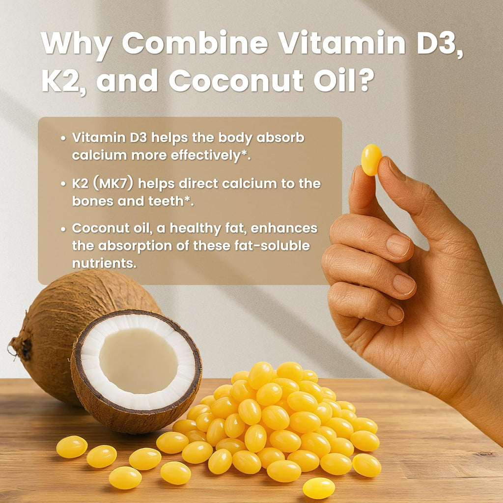 VEV Corefeel Vitamin D3 K2 10,000 IU, 200 mcg MK-7, 300 Coconut Oil Softgels, 2 in 1 Vitamins Supplement D & K (Include MK7), Easy to Swallow, Supports Calcium Absorption, Bone Health