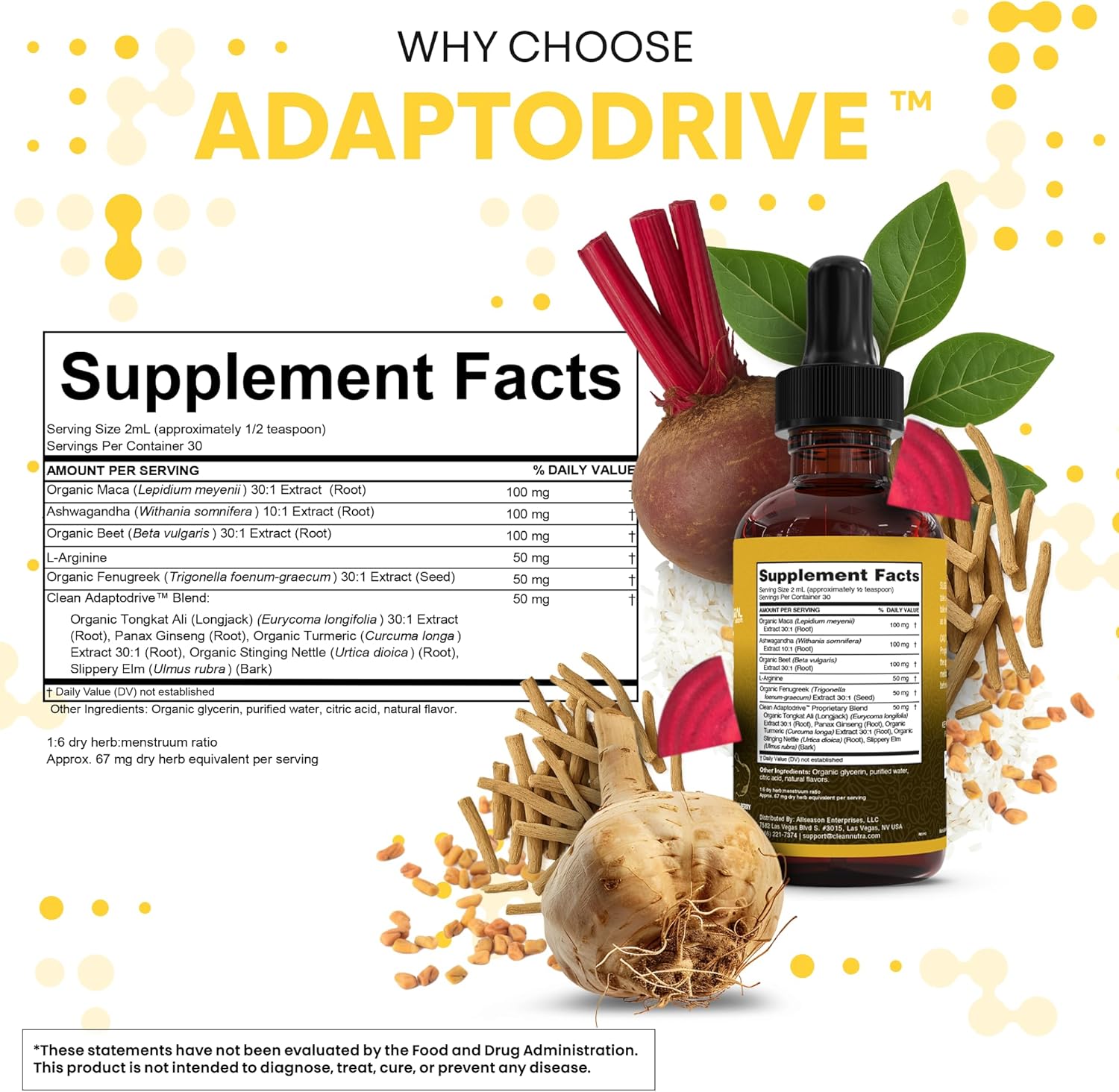 Organic Maca Root Liquid Drops with Ashwagandha, Fenugreek, Beet Root & L-Arginine – Liquid Multivitamin for Women & Men – Adapto Drive