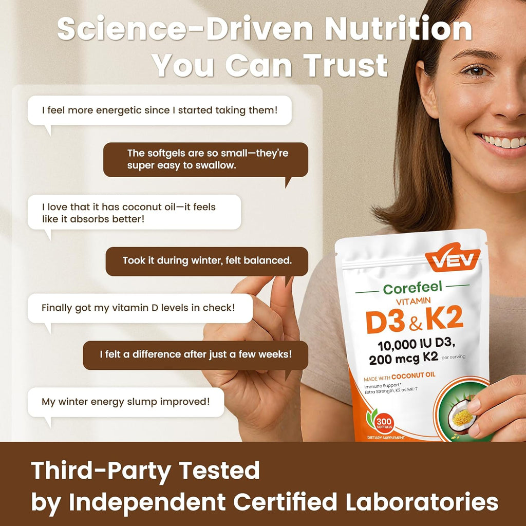 VEV Corefeel Vitamin D3 K2 10,000 IU, 200 mcg MK-7, 300 Coconut Oil Softgels, 2 in 1 Vitamins Supplement D & K (Include MK7), Easy to Swallow, Supports Calcium Absorption, Bone Health