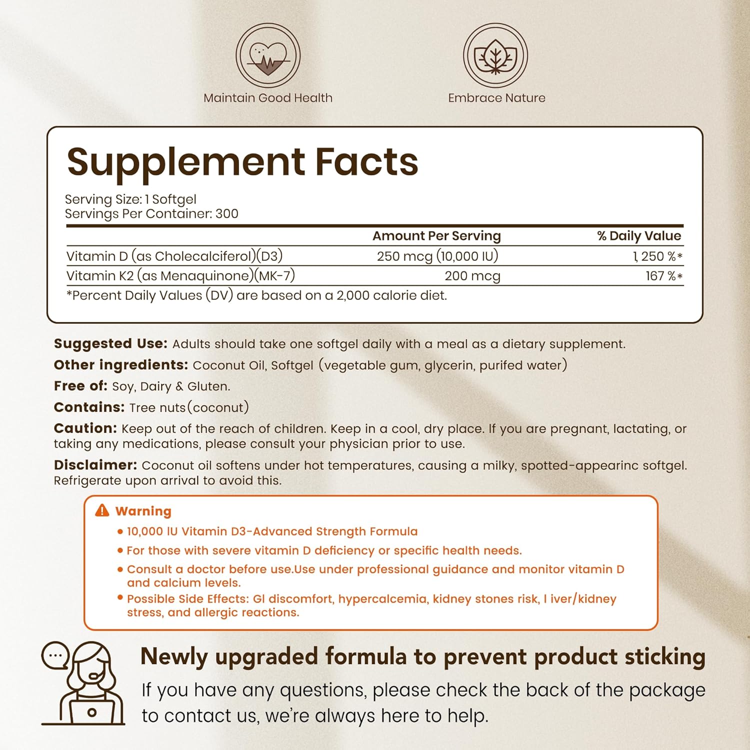 VEV Corefeel Vitamin D3 K2 10,000 IU, 200 mcg MK-7, 300 Coconut Oil Softgels, 2 in 1 Vitamins Supplement D & K (Include MK7), Easy to Swallow, Supports Calcium Absorption, Bone Health