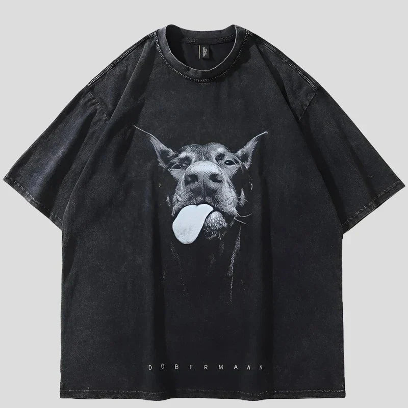 Hip Hop Doberman Oversized Women's Washed Cotton T-shirt