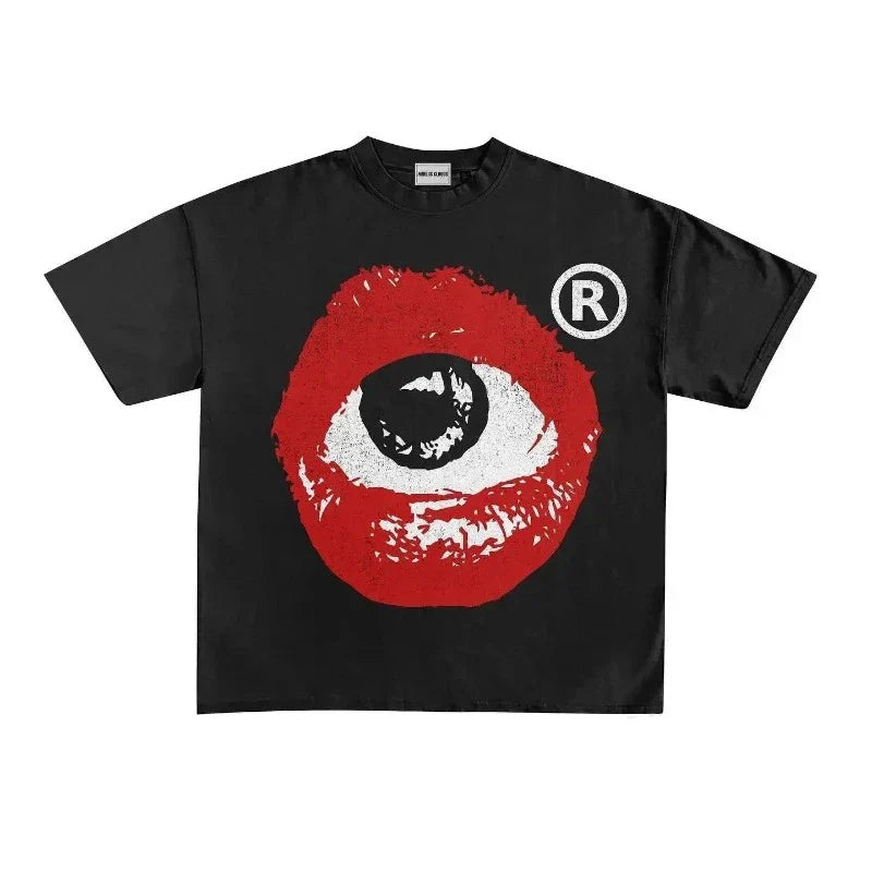 Retro Eye Letter Print Unisex Cotton Graphic Tees - Y2K Style