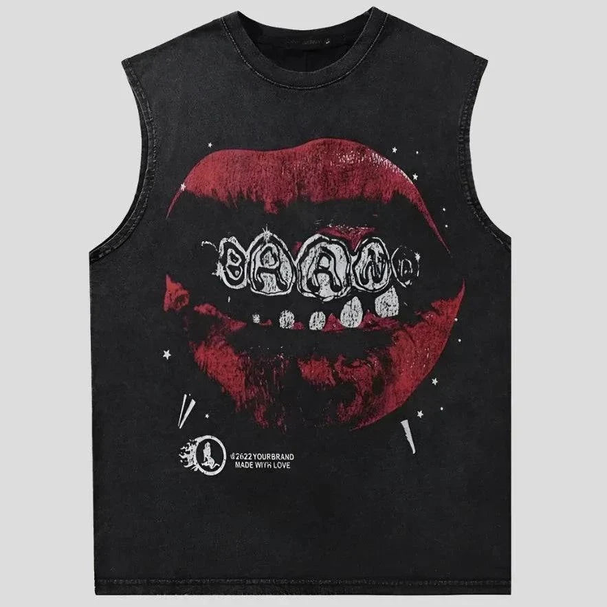 Oversized Graphic T Shirts - Lip Print Cotton Washed Loose Streetwear