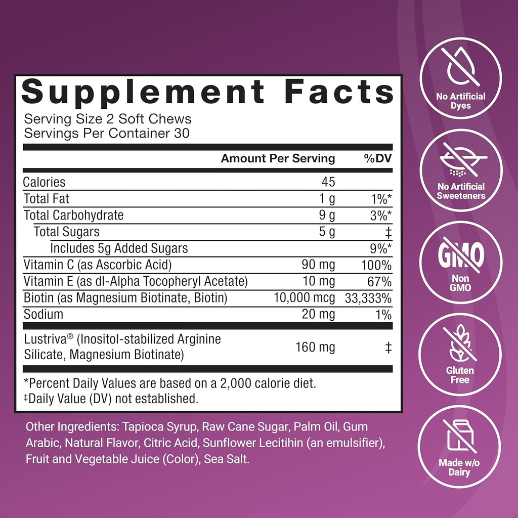 Hair Growth Accelerator Soft Chews, Lustriva & Biotin to Promote Thicker, Stronger, Fuller Hair, Hair Growth Vitamins for Women, Clinically Studied, Mixed Berry, 60 Soft Chews