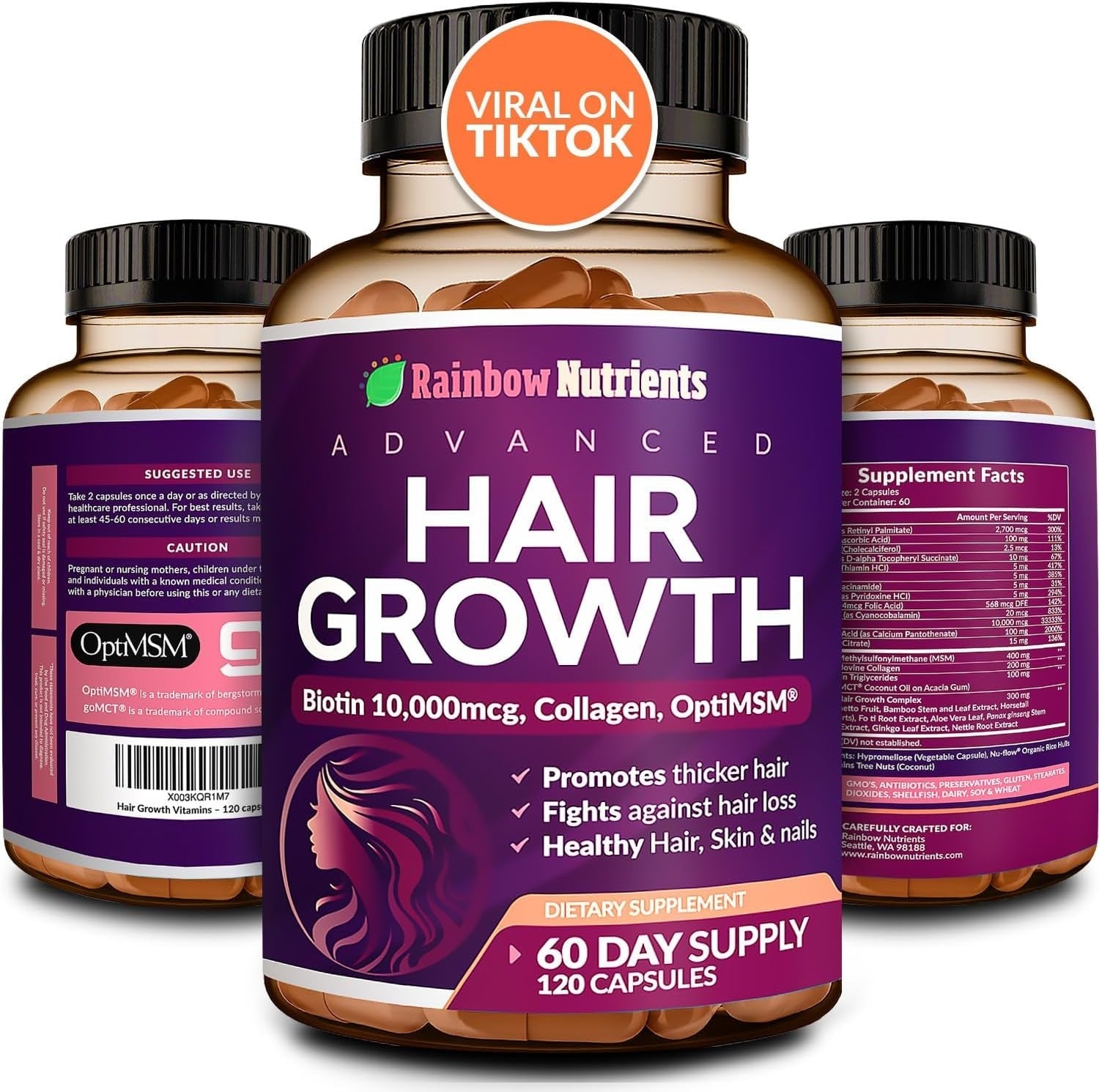 Hair Growth Vitamins for Women | Biotin 10,000Mcg, Collagen, Patented Optimsm®.